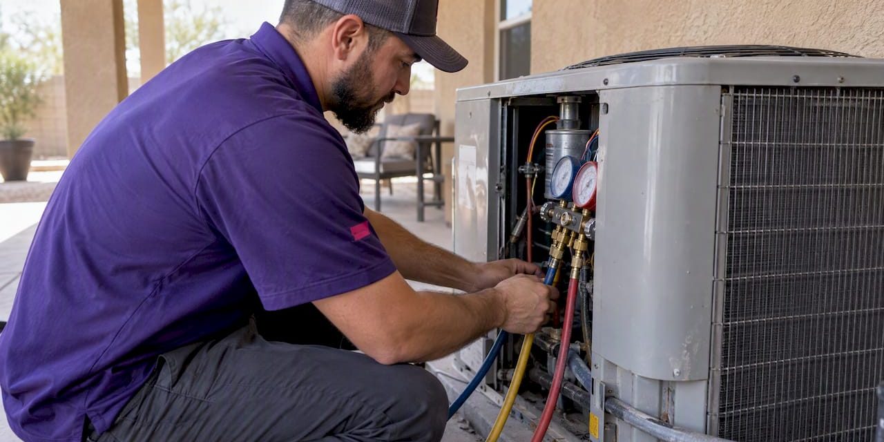 1791964083144_Technician-checking-an-older-residential-AC-condenser Technician checking an older residential AC condenser