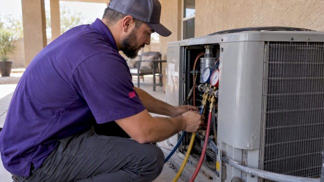 Technician checking an older residential AC condenser