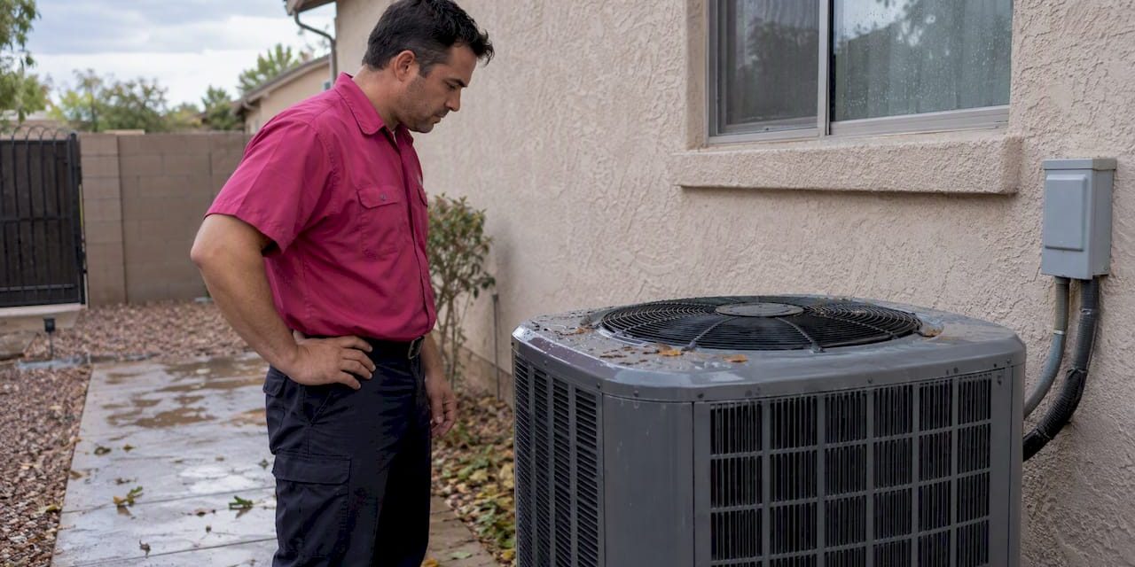 1792134613196_Technician-inspecting-a-storm-hit-AC-condenser Technician inspecting a storm-hit AC condenser