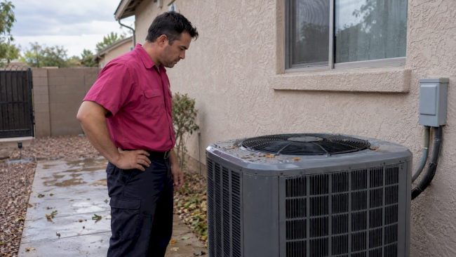 Technician inspecting a storm-hit AC condenser