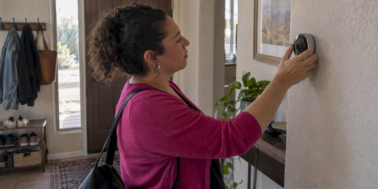 1792396928754_Homeowner-adjusting-a-smart-thermostat-before-leaving Homeowner adjusting a smart thermostat before leaving