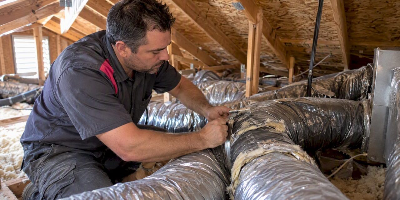 A technician inspects aging flexible attic ducts