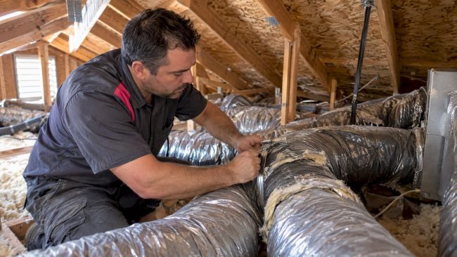 A technician inspects aging flexible attic ducts