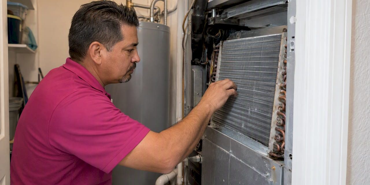 1792562764032_Technician-inspecting-an-indoor-evaporator-coil Technician inspecting an indoor evaporator coil