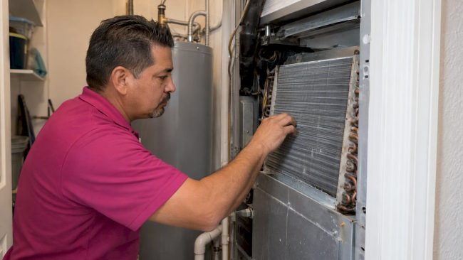 Technician inspecting an indoor evaporator coil