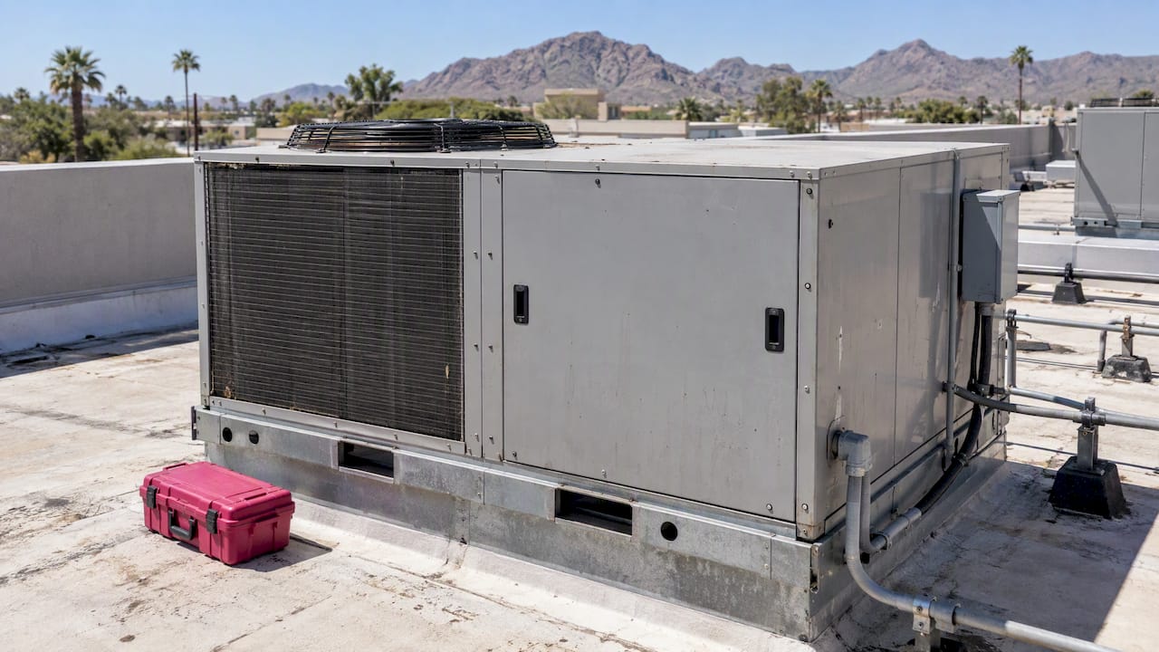 Commercial rooftop HVAC unit awaiting inspection