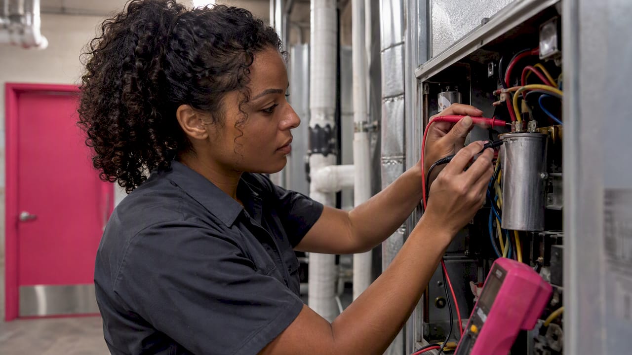 Technician checks a commercial unit capacitor